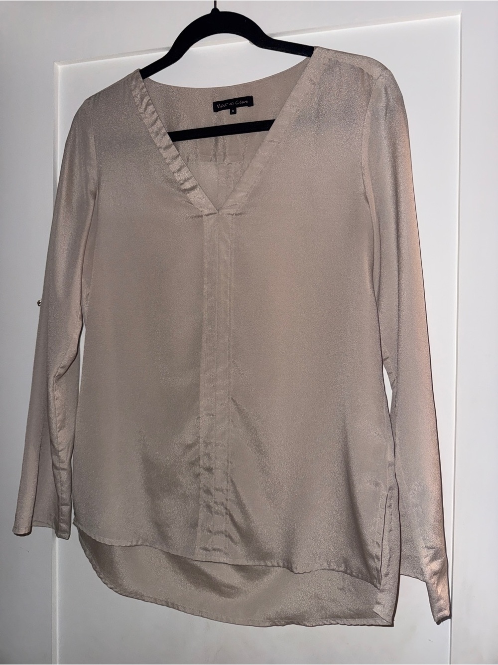 Violet & Claire Silky V-Neck Blouse in Light Taupe